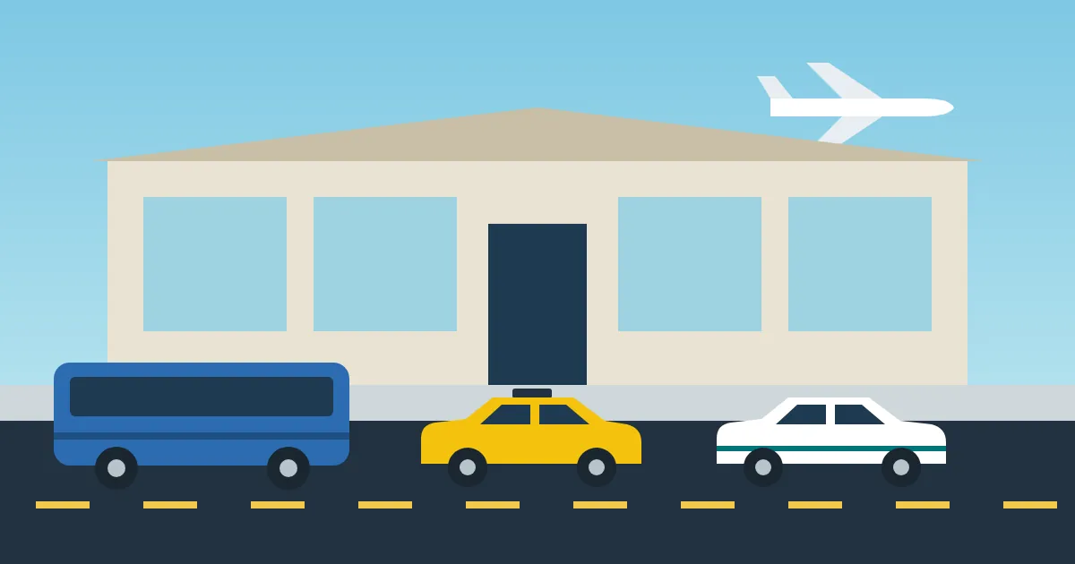 Illustration of a yellow taxi, a white car and a city bus outside Antalya Airport