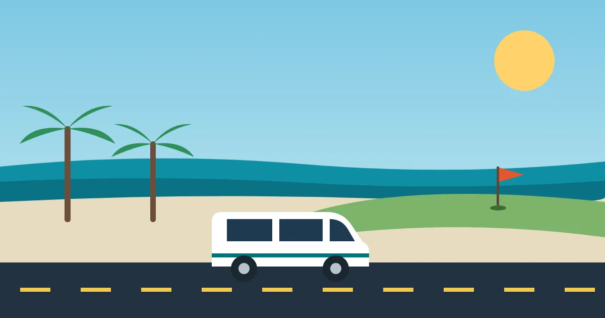 Illustration eines weißen Vans auf der Küstenstraße nach Belek, mit Palmen und einer Golffahne