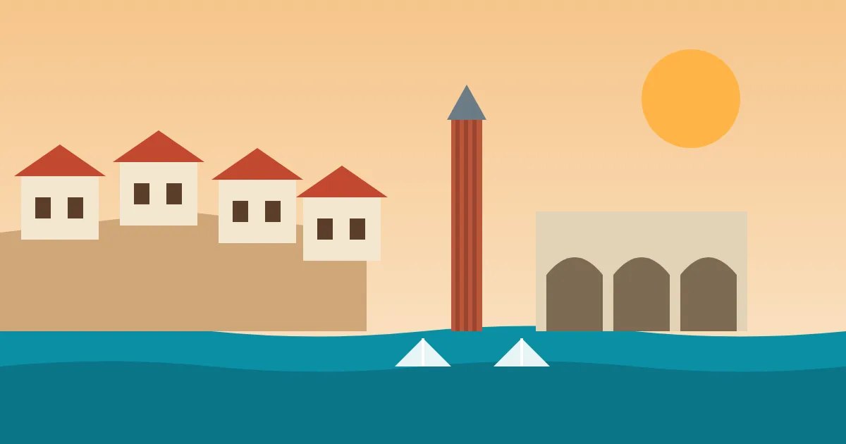 Illustration of Kaleiçi: red-roofed houses, the fluted Yivli Minaret and Hadrian's Gate above the harbour