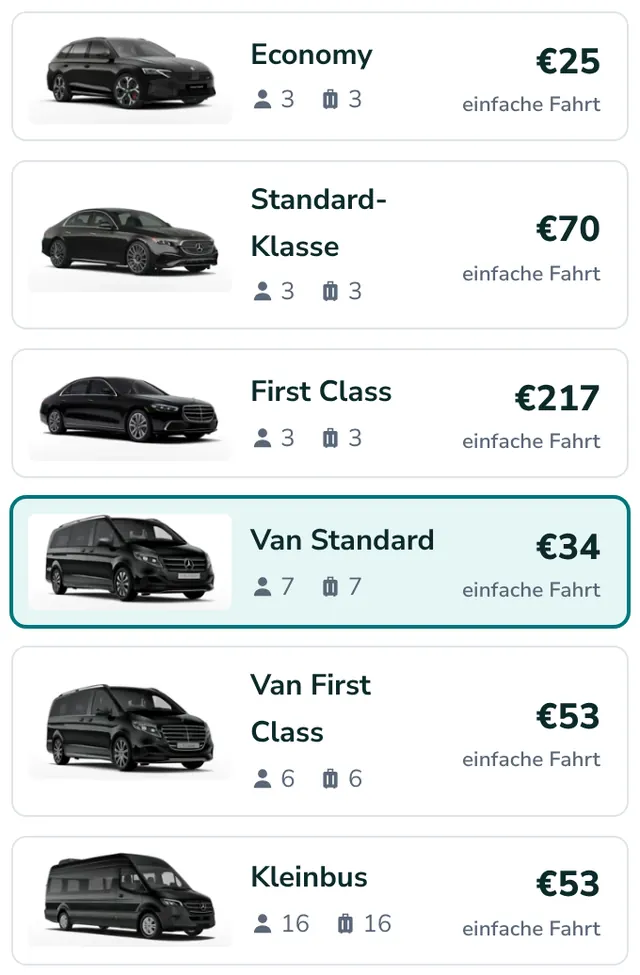 Fahrzeug wählen und Festpreis sehen