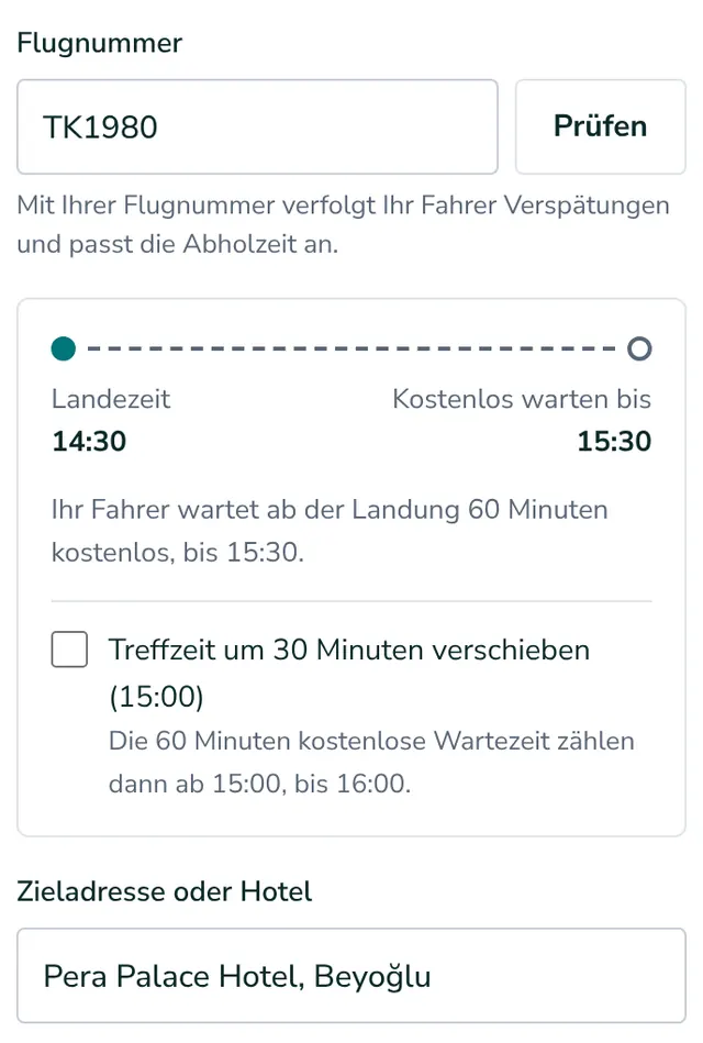Flugnummer und Adresse angeben