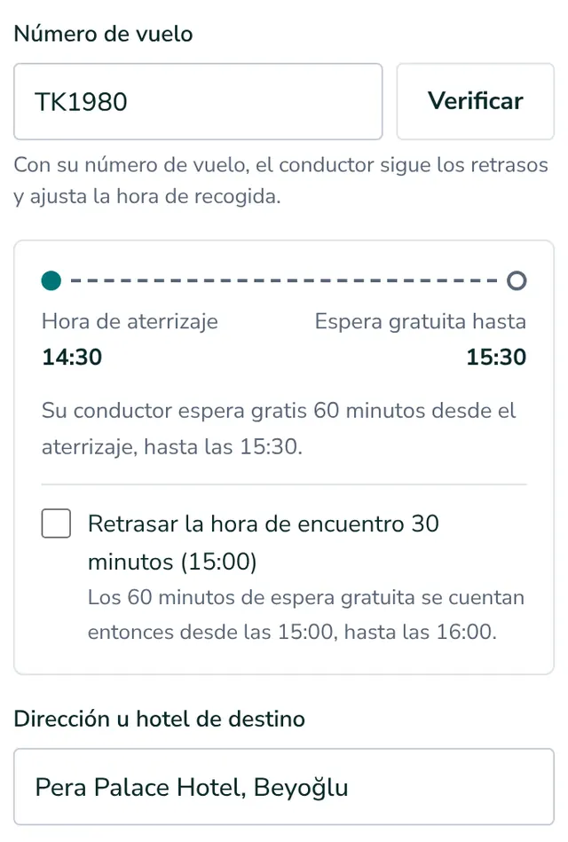 Añada su número de vuelo y dirección