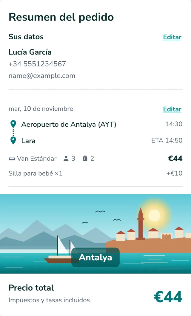 Revise el resumen y envíe su reserva