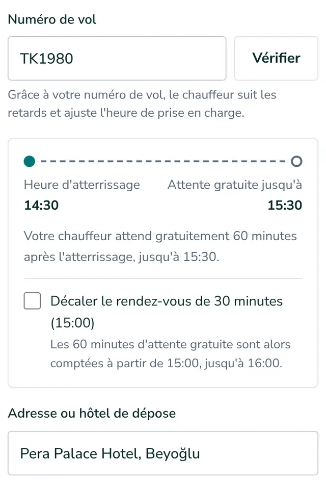Ajoutez votre numéro de vol et votre adresse