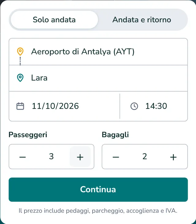 Scegli percorso, data e passeggeri