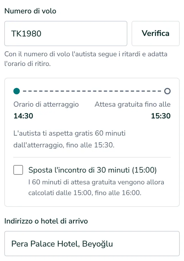 Aggiungi numero di volo e indirizzo