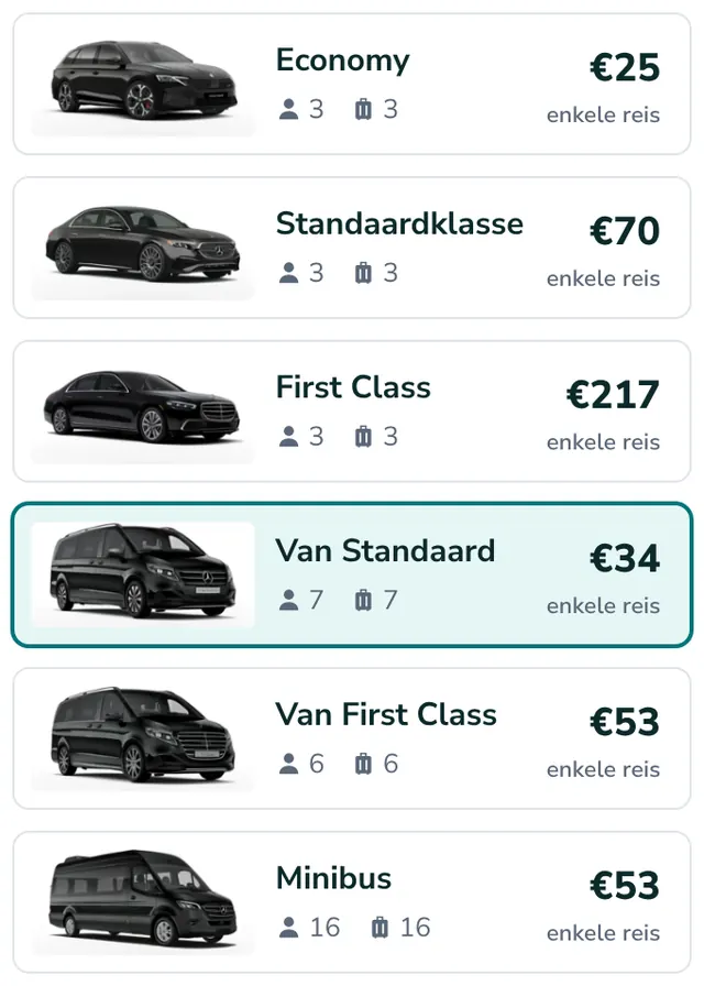 Kies uw voertuig en zie de vaste prijs