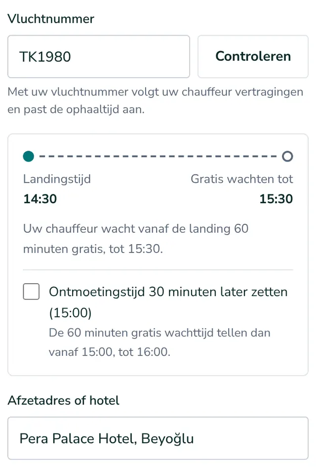 Vul uw vluchtnummer en adres in