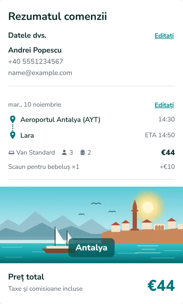 Verificați rezumatul și trimiteți rezervarea