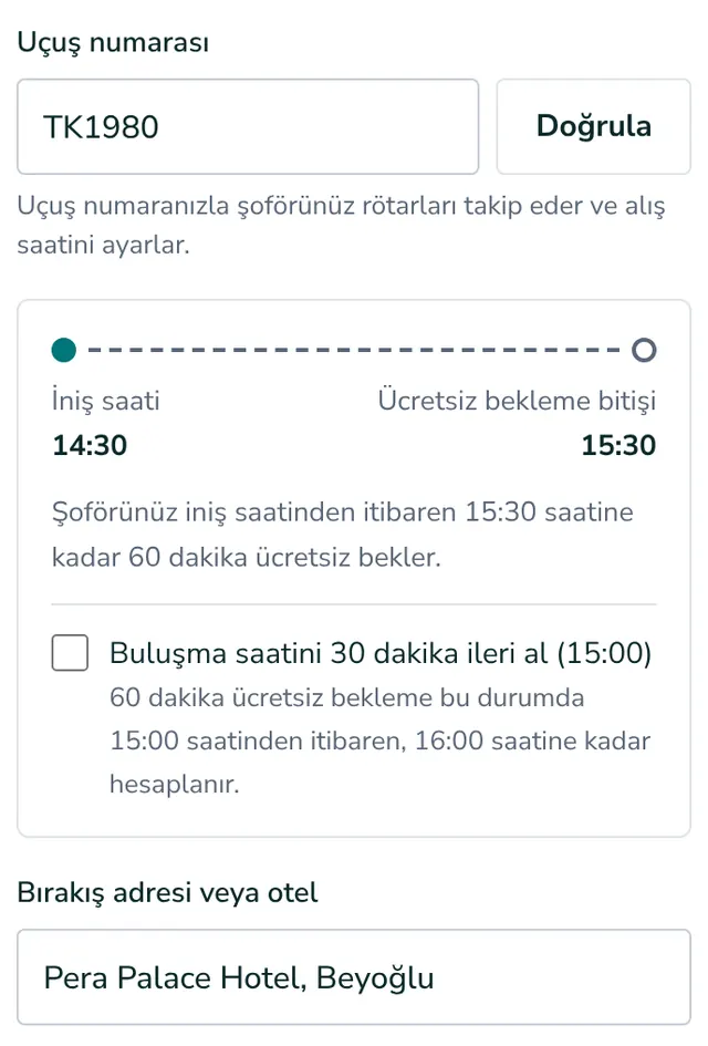 Uçuş numaranızı ve adresinizi ekleyin