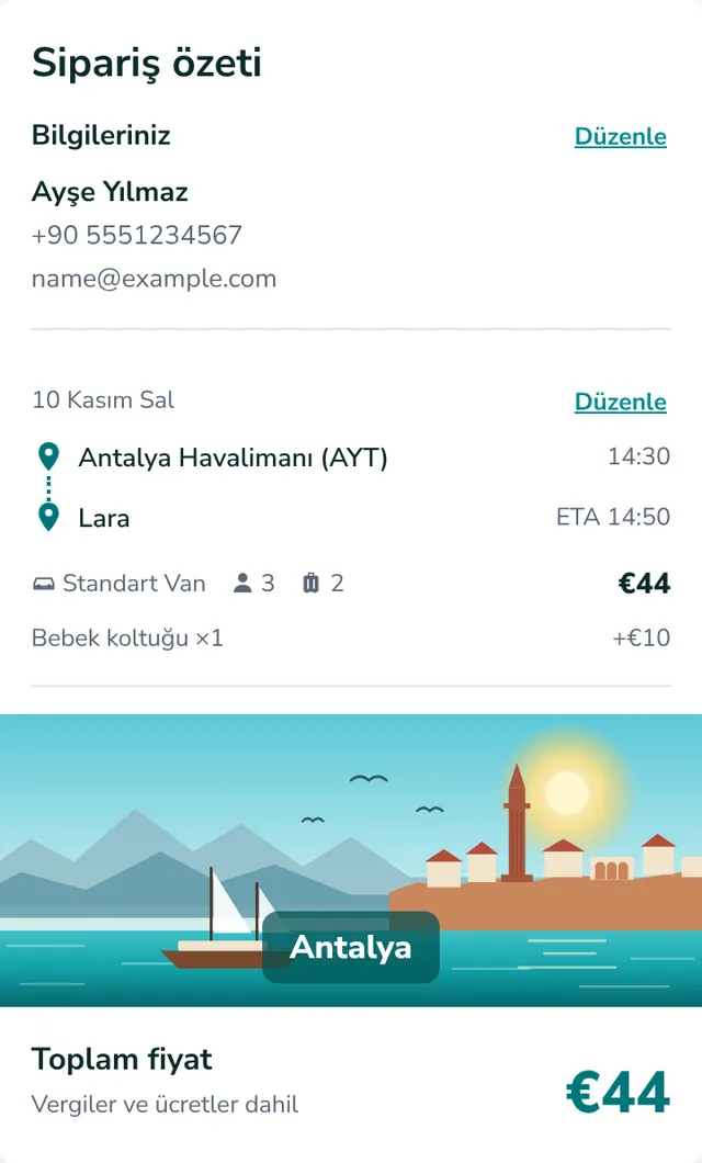 Özeti kontrol edin, rezervasyonu gönderin